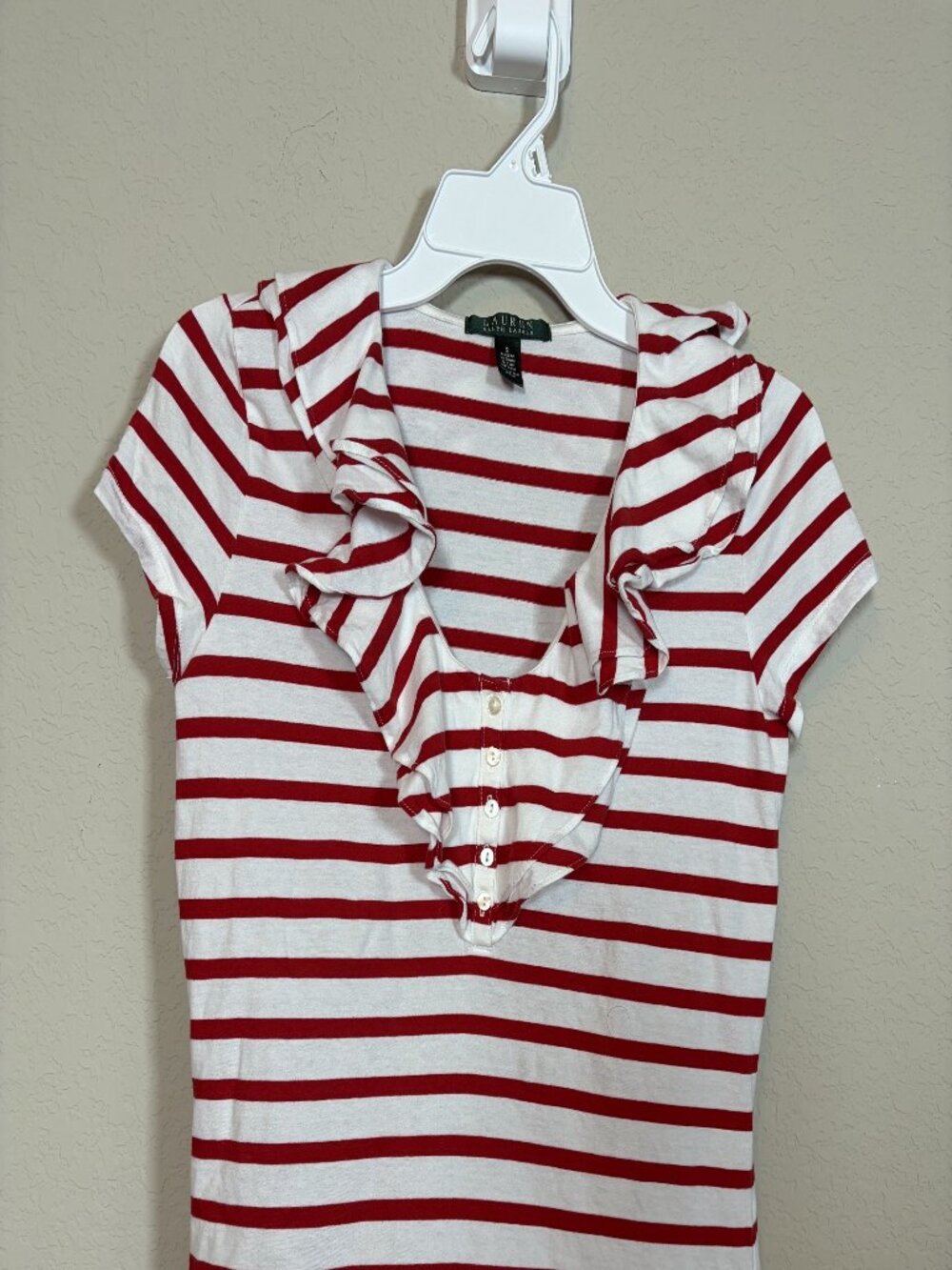 Lauren Ralph Lauren Ruffle Front Striped T-Shirt sz S